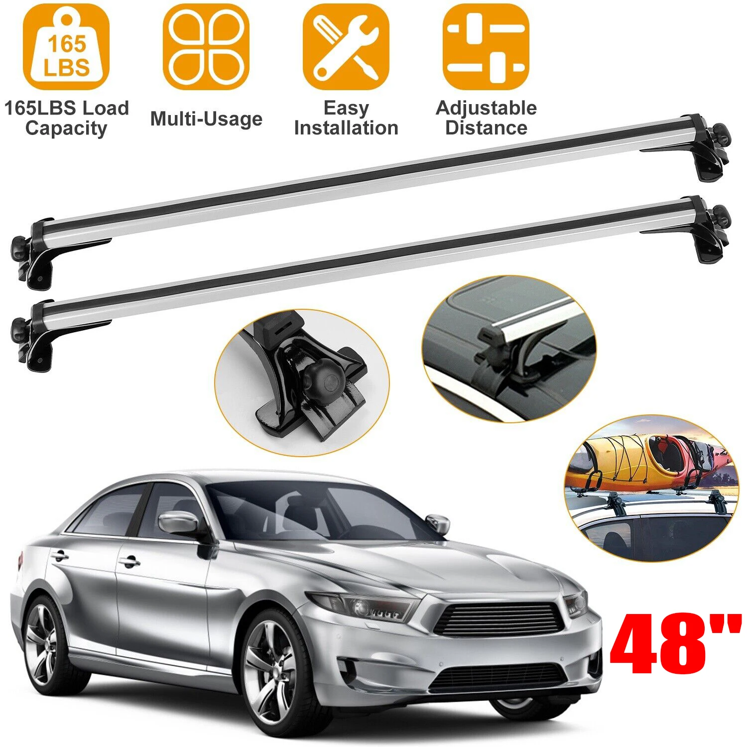 

2pcs 48" Universal Aluminum Car Top Roof Rack Durable Adjustable Cross Bar Luggage Carrier Rails Top Cargo Carrier Set New