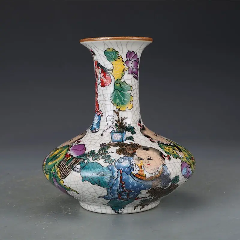 

Chinese Famille Rose Porcelain Qing Qianlong Kids Lotus Pattern Vase 6.30 inch