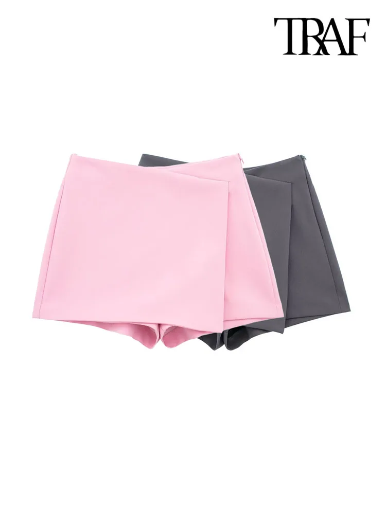 

TRAF Women Fashion Asymmetric Pareo Style Self Overlay Shorts Skirts Vintage High Waist Side Zipper Female Skort Mujer