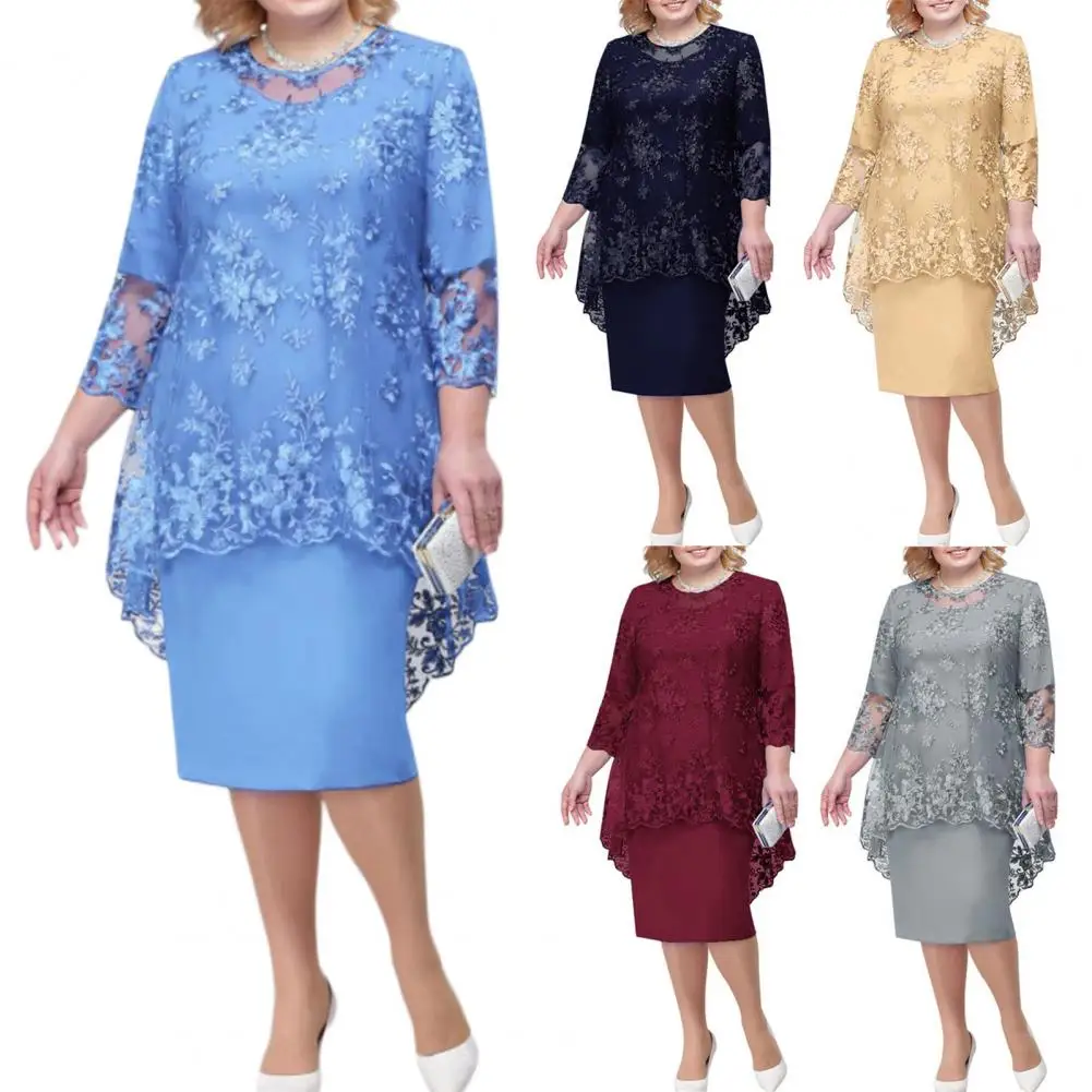 

Attractive Women Dress Slim Plus Size Lady Dress Crochet Lace Elegant Midi Dress