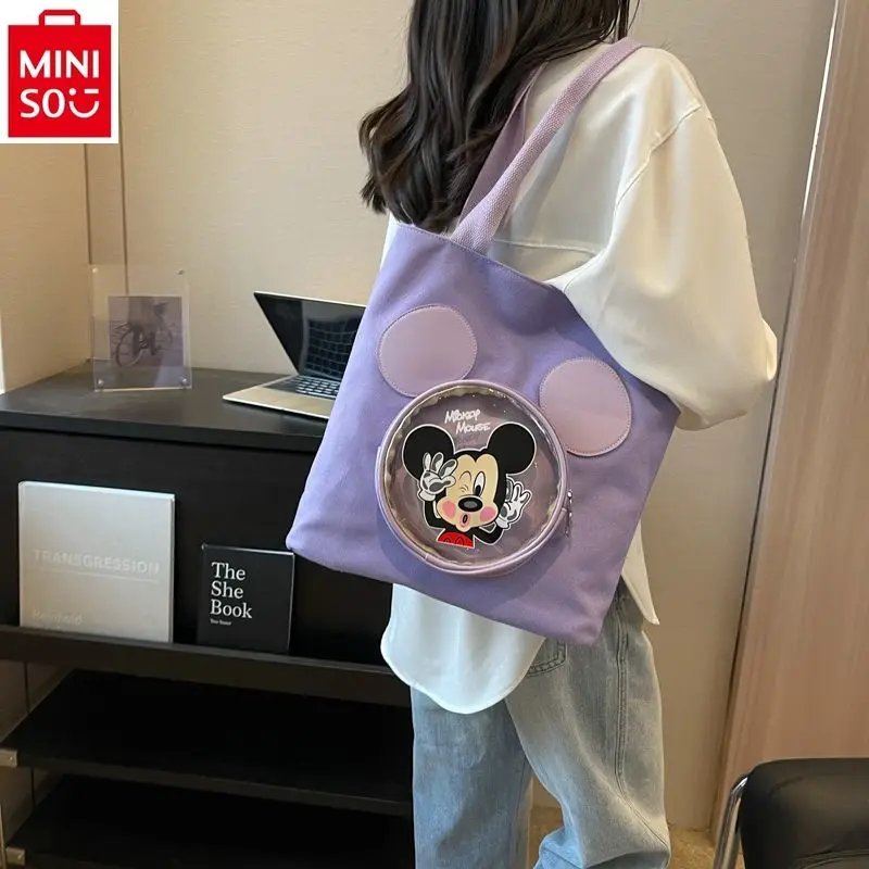

Модная универсальная милая сумка MINISO через плечо с мультяшным изображением Диснея Микки, Женская Повседневная сумка большой вместимости