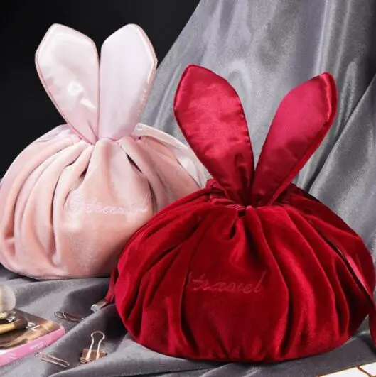 

Velvet Travel Washbag with Rabbit Ears Drawstring Skin Care Product Bags Large Capacity Christmas Gifts for Women Girls