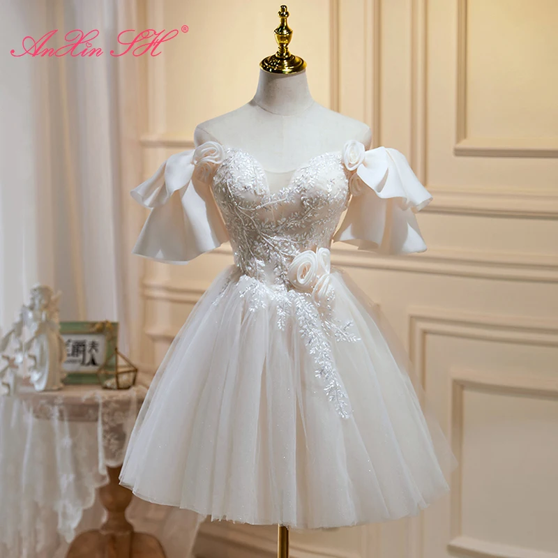 

AnXin SH princess white rose flower lace boat neck ruffles party beading pearls bride short evening dress little white dress