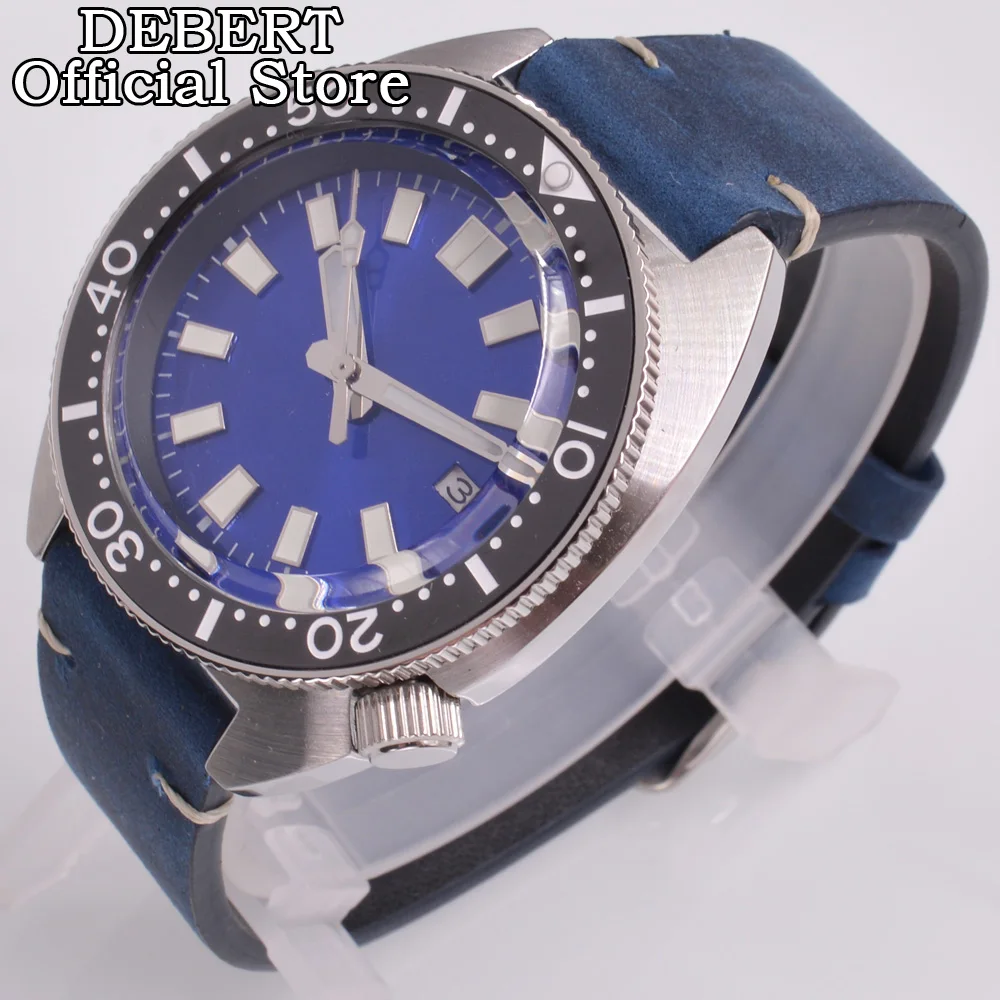 

DEBERT 44MM Seiko NH35 Movement Blue Dial Date Window Sapphire Glass Luminous Leather watch band Automatic Mechanical Watch