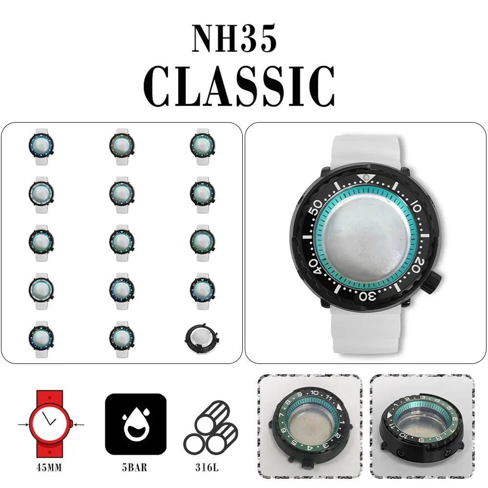 PVD black 45mm canned case + light blue inner shadow + white rubber strap can be equipped with NH35/NH36 movements
PVD black 45mm canned case + light blue inner shadow + white rubber strap can be equipped with NH35/NH36 movements