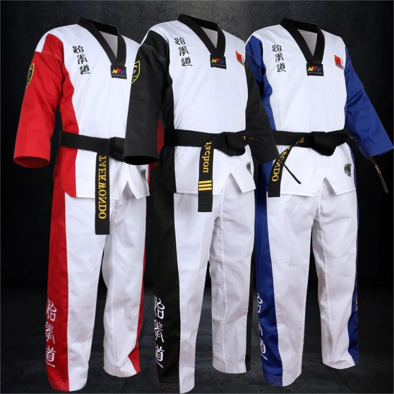 

High Quality Black Red Taekwondo Uniform Training Taekwondo Suits Embroidery Uniforms Poomsae dobok WTF approved Size 160-190cm