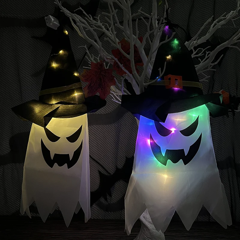 

Halloween Hanging Ghost LED Flashing Lights Halloween Party Dress Up Glowing Wizard Hat Lamp Outdoor Home Bar Decor Horror Props