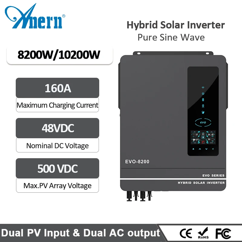 Anern 8,2квт 10,2квт солнечный инвертор на сетке вне сети MPPT 160A DC 48V 230VAC AC/Солнечное зарядное устройство с двойной выходной
Anern 8,2квт 10,2квт солнечный инвертор на сетке вне сети MPPT 160A DC 48V 230VAC AC/Солнечное зарядное устройство с двойной выходной