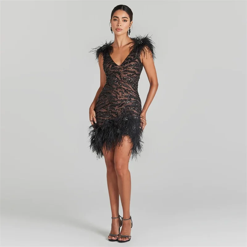 

Ostrich Feather Women Prom Dress Luxury Sequins Sleeveless Sexy Short Mini Evening Gown Formal Pageant Party Skirt Robes
