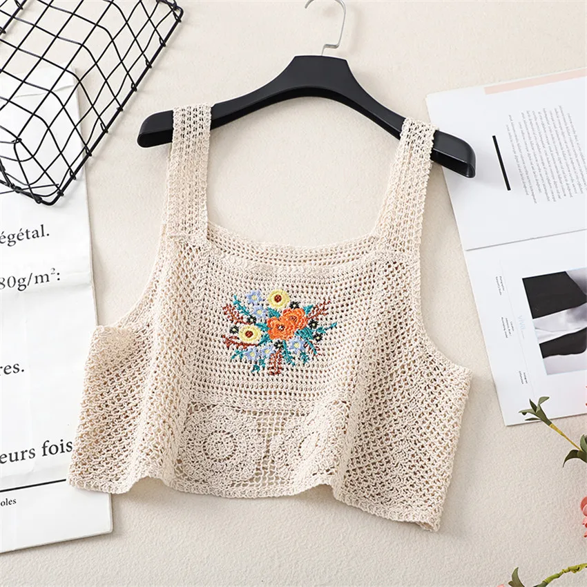 

Boho Vintage Floral Embroidery Crochet Tops Beach Holiday Wear Camis Mujer Summer Hollow Out Knitted Tank Top Knitwear