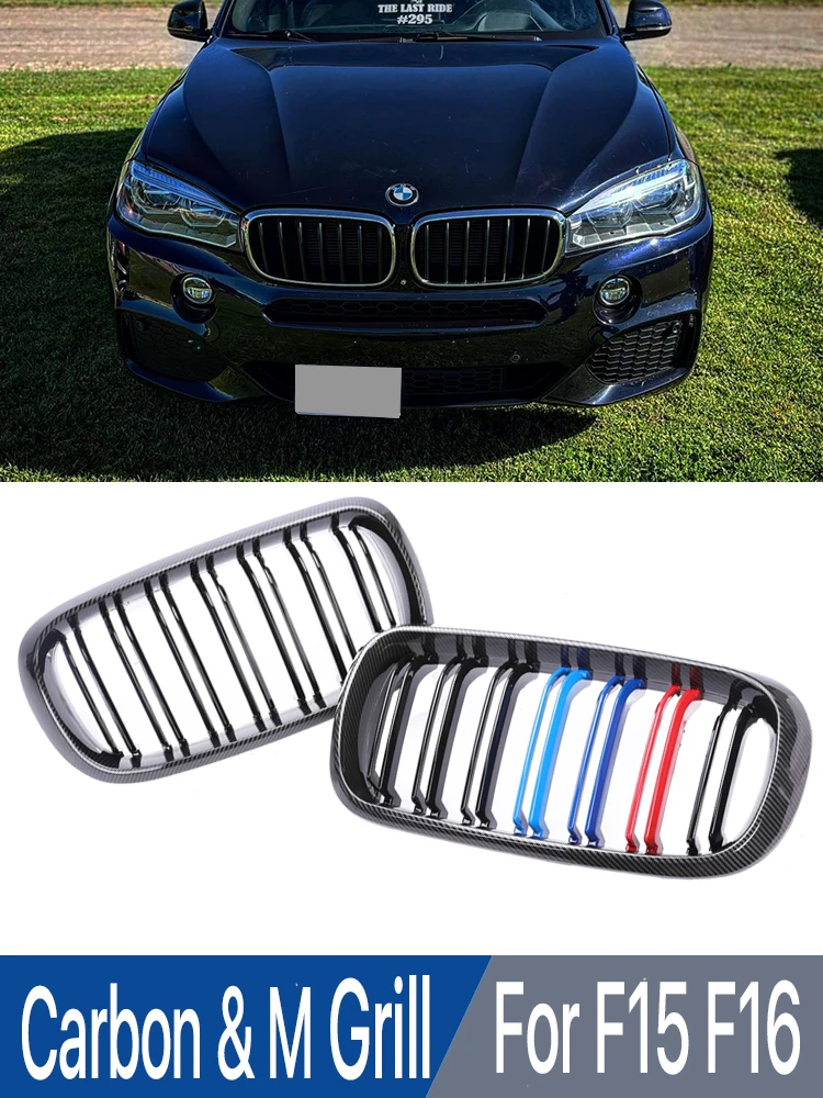 

X5M X6M Front Lower Bottom Bumper Kidney Grille Dual Slat Carbon Fiber M Color Grills Cover For BMW X5 X6 F15 F16 2014-2018