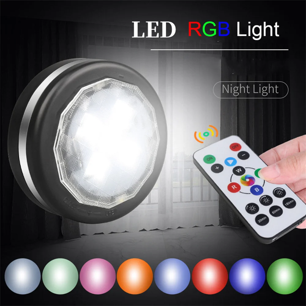 

2023 Led Puck Lights Battery Powered RGB Color & Remote Controller & Timer Under Cabinet Lamp Dimmable for Shelf,Closet,Wardrobe