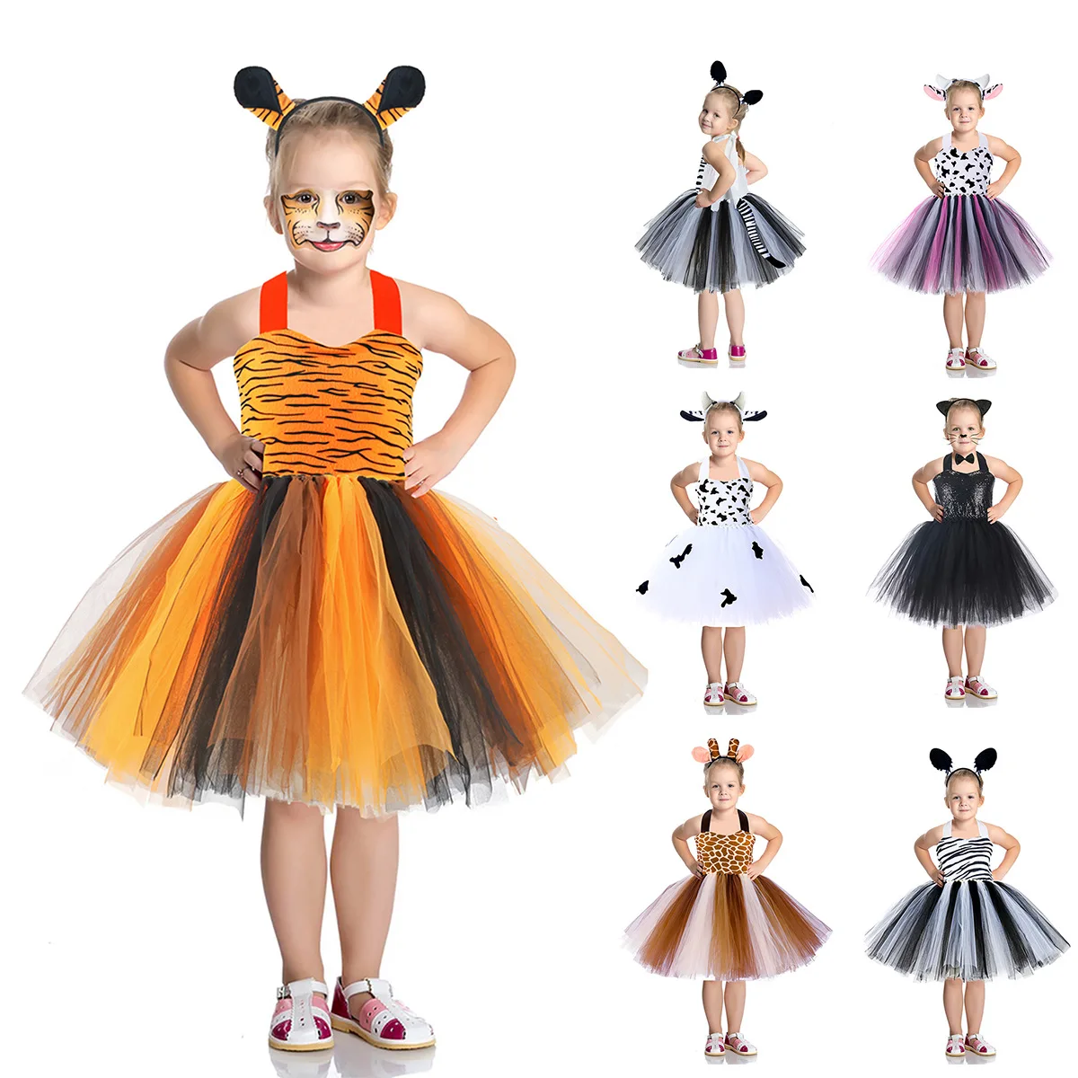 

Baby Girls Halloween Animal Cosplay Costume Kids Forest Theme Giraffe Cows Tiger Leopard Zebra Print Tutu Dress Birthday Party