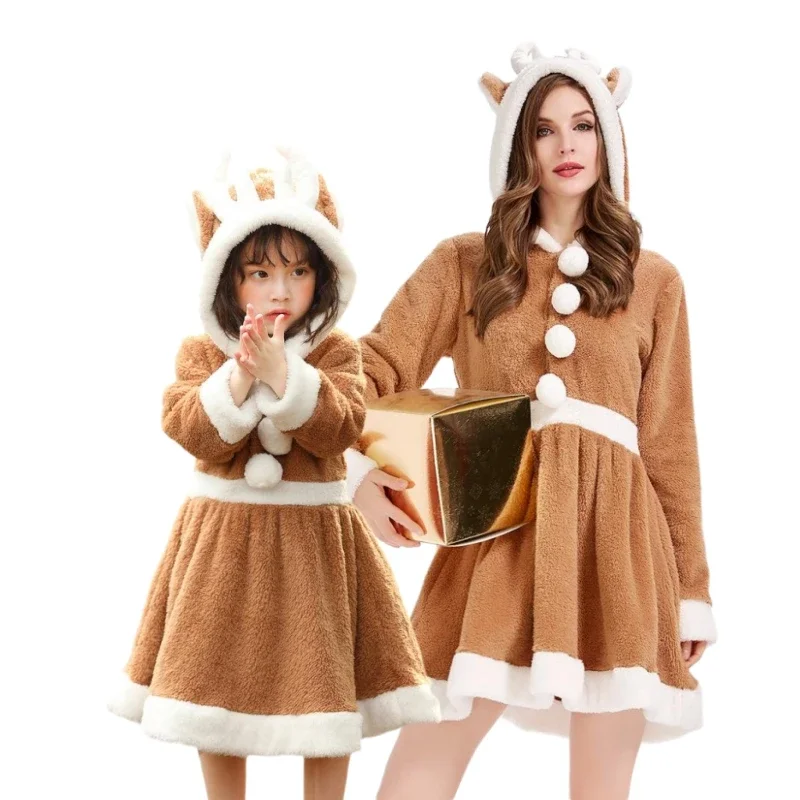 

Reindeer Costume Cosplay Animal Clothing Christmas Elk Loose Coral Fleece Wear Xmas Parent-child Set Halloween Roleplay Dress Up