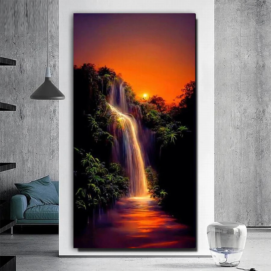 

Sunset Waterfall Big Size Diamond Painting Complete Kits Natural Scenery Diy Full Mosaic Embroidery Landscape Rhinestone Picture