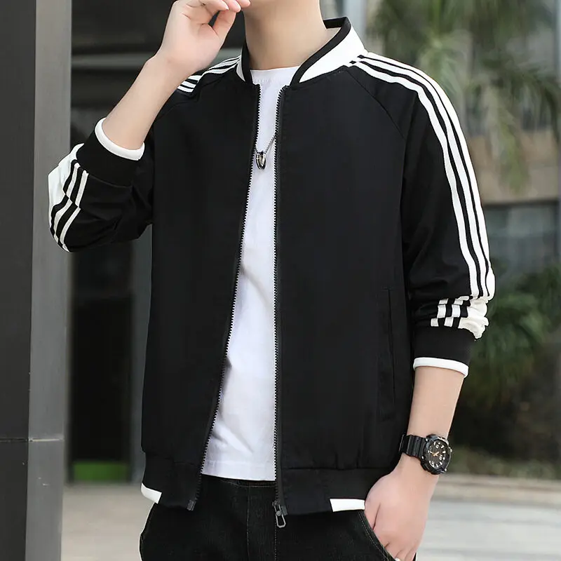 

Men's 2024 Spring and Autumn Stand Up Collar Spliced Zipper Pocket Stripes Fashion Solid Color Loose Versatile Long Sleeved Coat