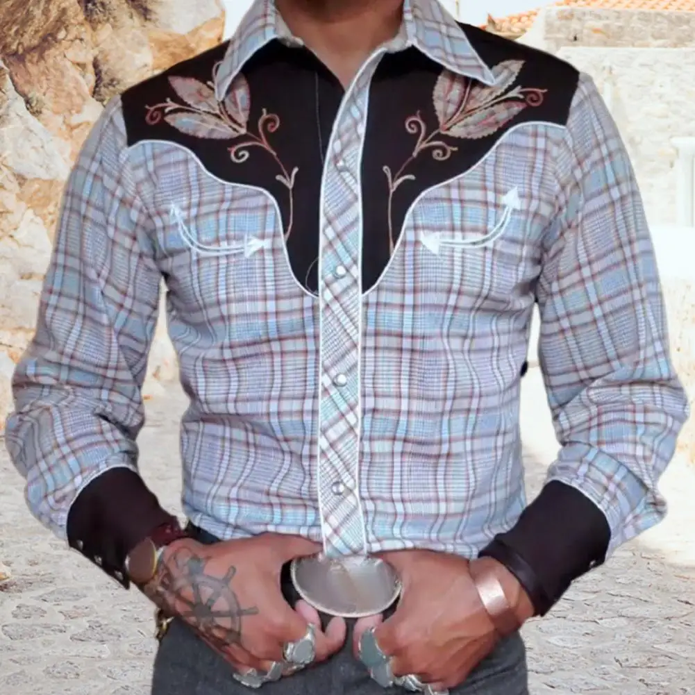 

Рубашка мужская приталенная с длинным рукавом, винтажная Стильная сорочка с принтом ковбоя в западном стиле, с отложным воротником, на пуговицах, в повседневном стиле