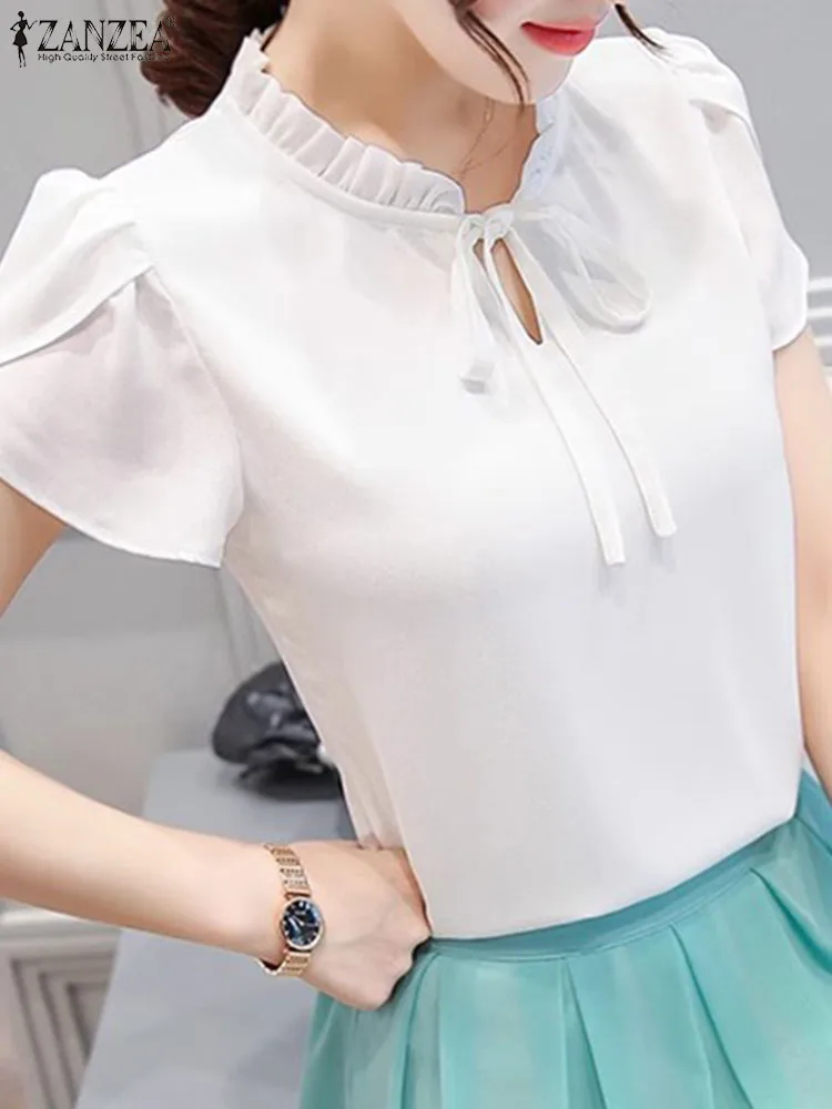 

Лето 2024, элегантная Однотонная рубашка ZANZEA с коротким рукавом и лепестками, женская блузка с бантом на шее и оборками, топы, Корейская офисная Повседневная Туника, блуза