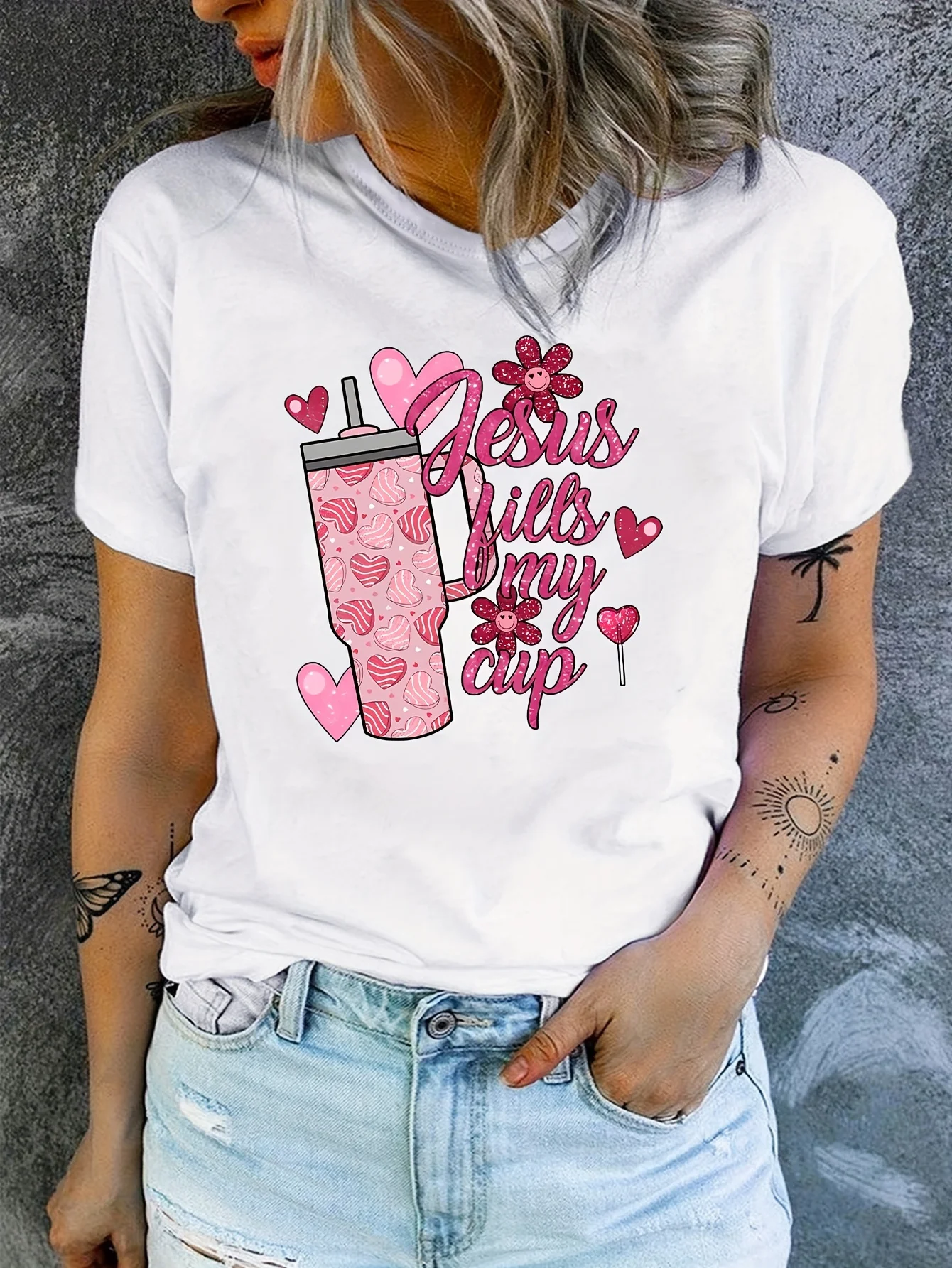 Valentine Jesus Fills My Cup Print T-shirt, Short Sleeve Crew Neck Casual Top For Summer & Spring, Women's Clothing
Valentine Jesus Fills My Cup Print T-shirt, Short Sleeve Crew Neck Casual Top For Summer & Spring, Women's Clothing