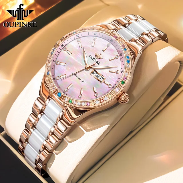 PINKE-Montre mécanique vissée pour femme, bande céramique, cadran circulaire arc-en-ciel, bracelet, mouvement importé, coffret cadeau, marque originale 1