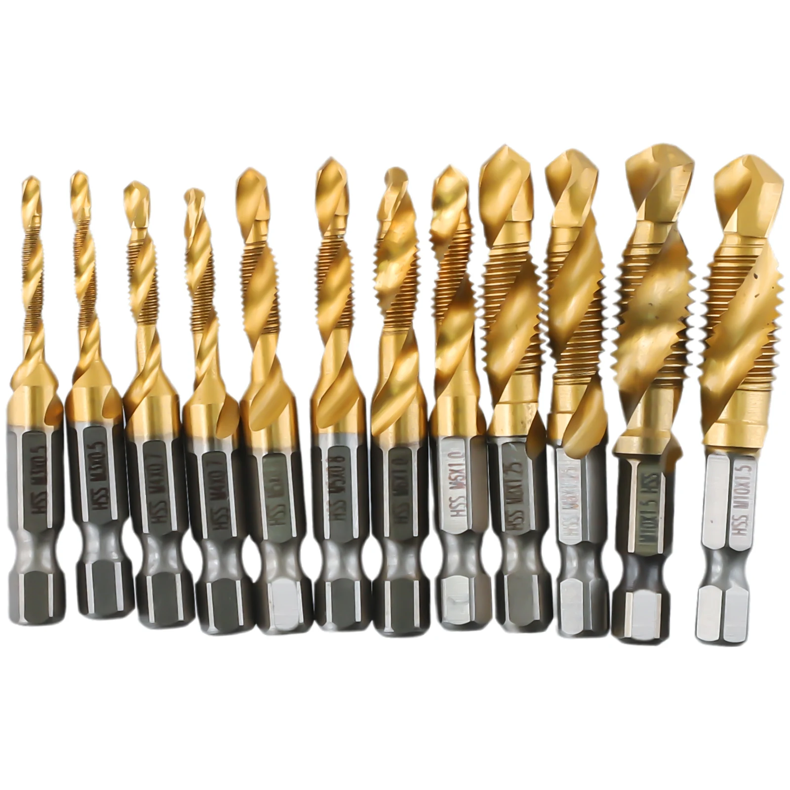 

12PCS Titanium Plated Hex Shank HSS Screw Thread Metric Tap Drill Bits Screw Machine Compound Tap M3-M10 Threading Tool Tap Dril