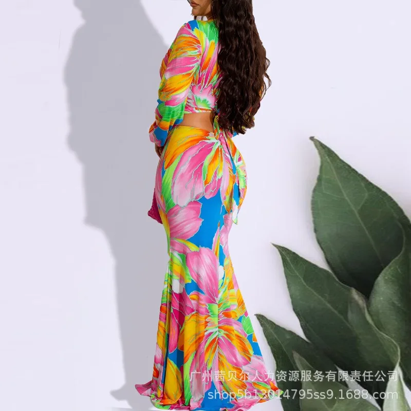 

Tight Fishtail Dress Summer Sexy Sheath Bodycon Y2K Floral Bodycon Dress Women Long Sleeve Deep V Neck Hollow Out Dress