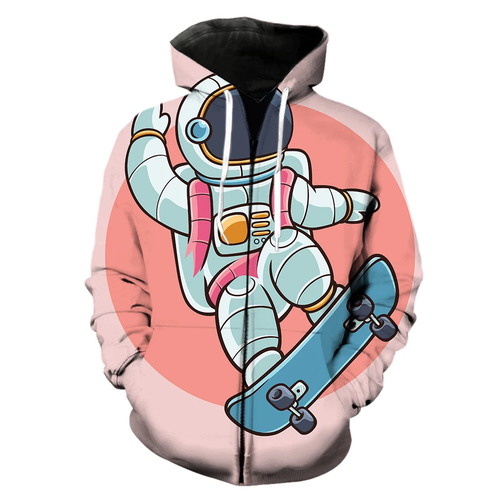 

Cartoon Astronaut Skateboard Men's Zipper Hoodie Tops Teens Funny Hip Hop Unisex 3D Print Spring Sweatshirts With Hood Jackets