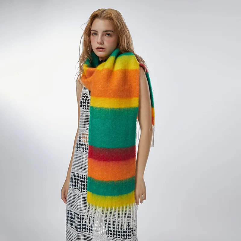 

2023Winter New Rainbow Gradient Contrast Stripe Plush Soft Glutinous Women's Scarf Wrapped with Colorful Long Scarf Narrow Shawl