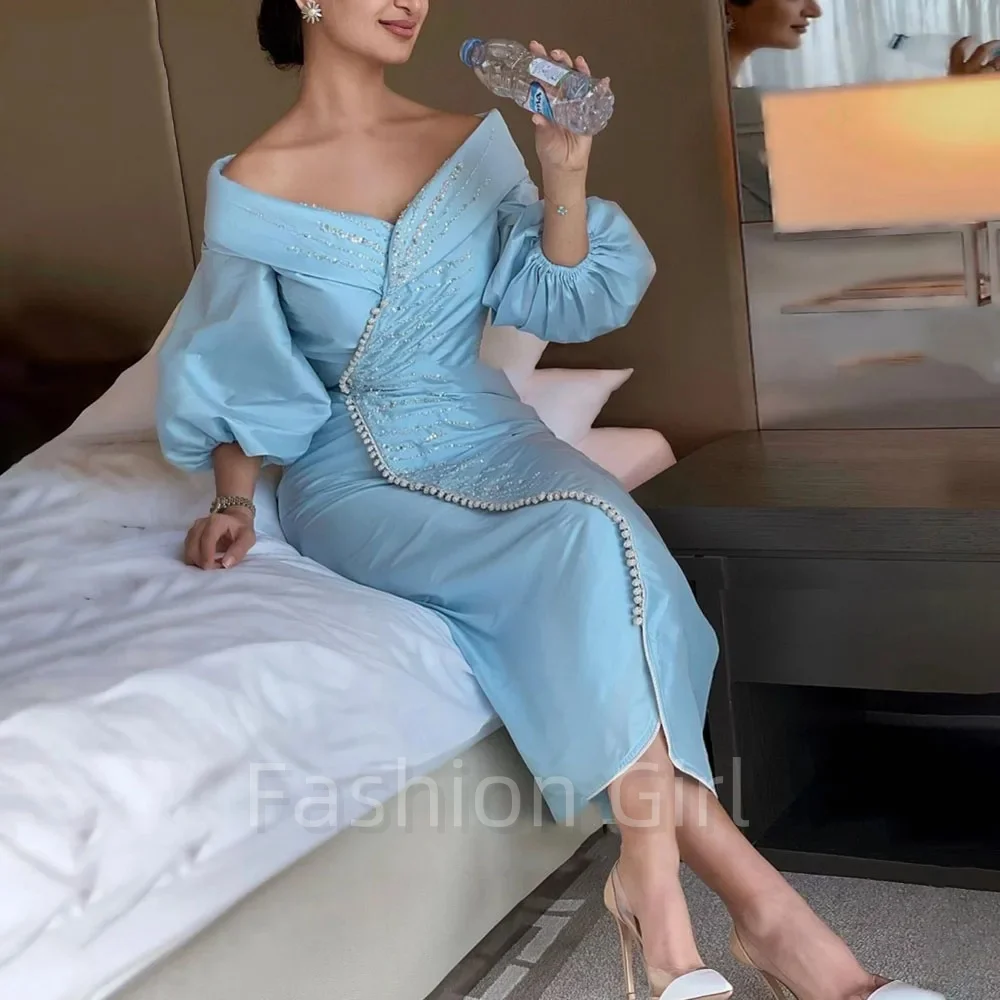 Blue Satin Prom Dresses Off The Shoulder Puffy Sleeves Beading Sequin A Line Ankle Length Party Gowns 2024 Vestidos De Fiesta
Blue Satin Prom Dresses Off The Shoulder Puffy Sleeves Beading Sequin A Line Ankle Length Party Gowns 2024 Vestidos De Fiesta