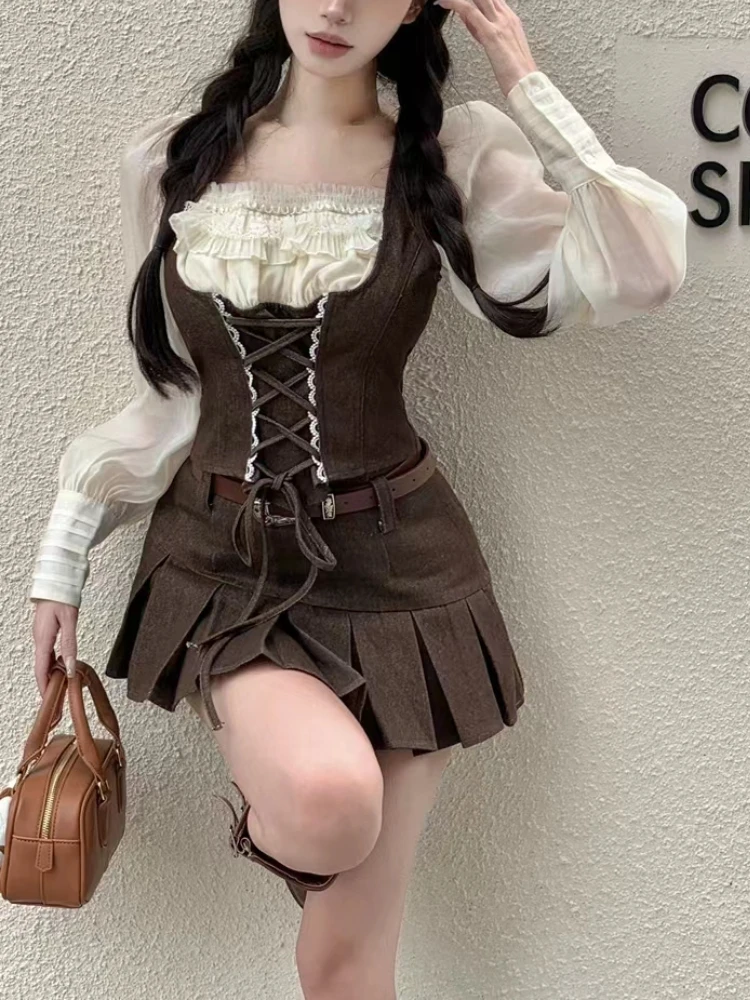 Japanese Kawaii Two Piece Set Woman Korean Vintage Sweet Patchwork Skirt Suit Casual Slim Blouse + Pleated Y2k Mini Skirt 2024
Japanese Kawaii Two Piece Set Woman Korean Vintage Sweet Patchwork Skirt Suit Casual Slim Blouse + Pleated Y2k Mini Skirt 2024