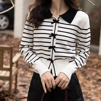 MISHOW 여성용 스웨터 재킷, 싱글 브레스트 스트라이프 니트 카디건, 슬림 폴로 상의, 2023 가을 한국 패션, MXB32Z0660
