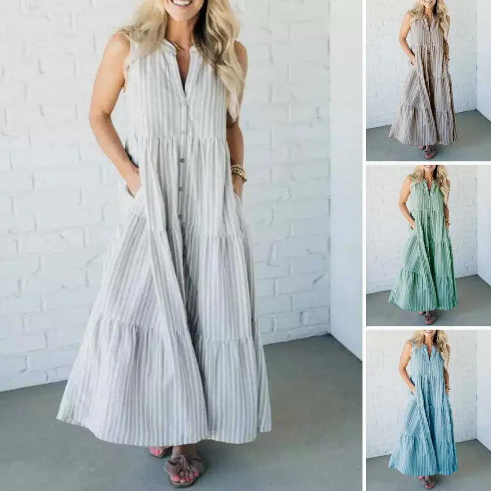 Single-breasted Button Dress Striped Print Maxi Dress with Side Pockets V Neckline Women's A-line Summer Dress
Single-breasted Button Dress Striped Print Maxi Dress with Side Pockets V Neckline Women's A-line Summer Dress