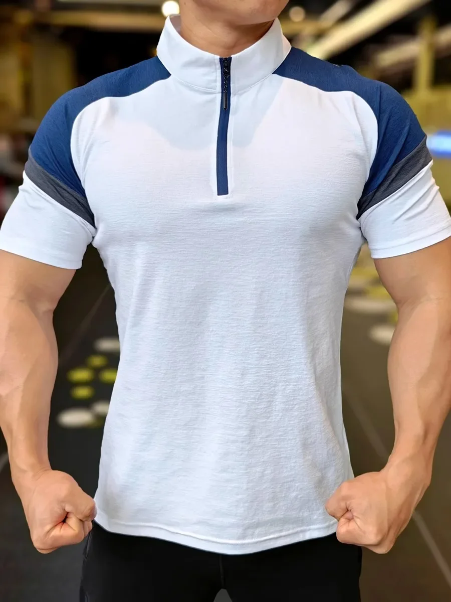 

2024 New Summer Style Men Half-zip Short-sleeved Gym Fitness Clothes Elastic Running Sports Fitness Training Coach Work Clothes