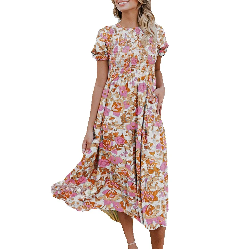 Summer Multicolor Flower Bubble Sleeves Round Neck Pleated Flowering Ruffle Edge Dress For Women
Summer Multicolor Flower Bubble Sleeves Round Neck Pleated Flowering Ruffle Edge Dress For Women
