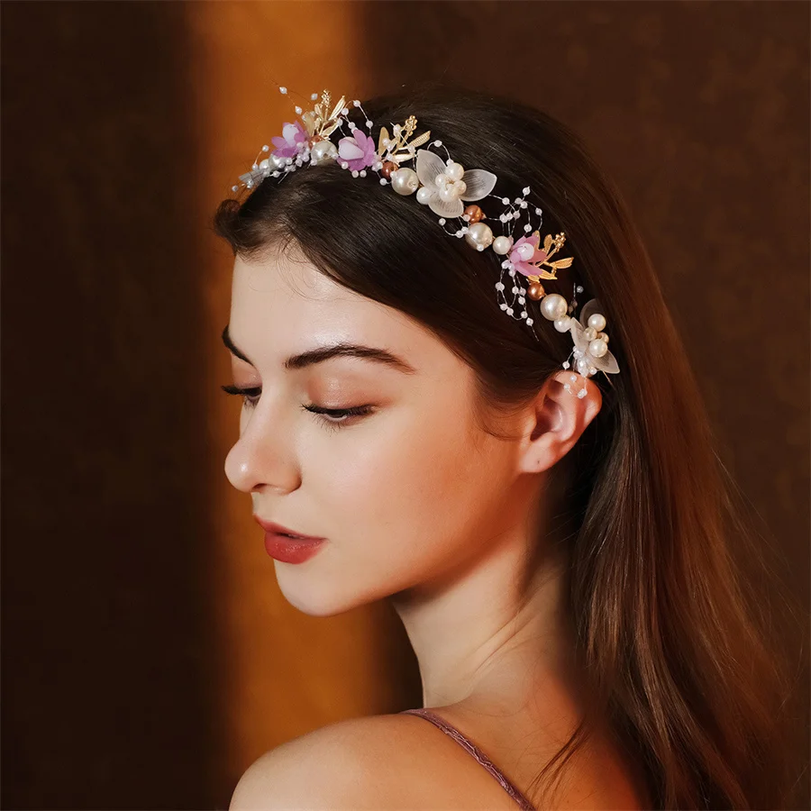 

Bohemian Girls Bridal Pearl Hair Headdress Flower Wreath Bride Garland Head Hoop Headbands Hair Jewelry Children New accessories