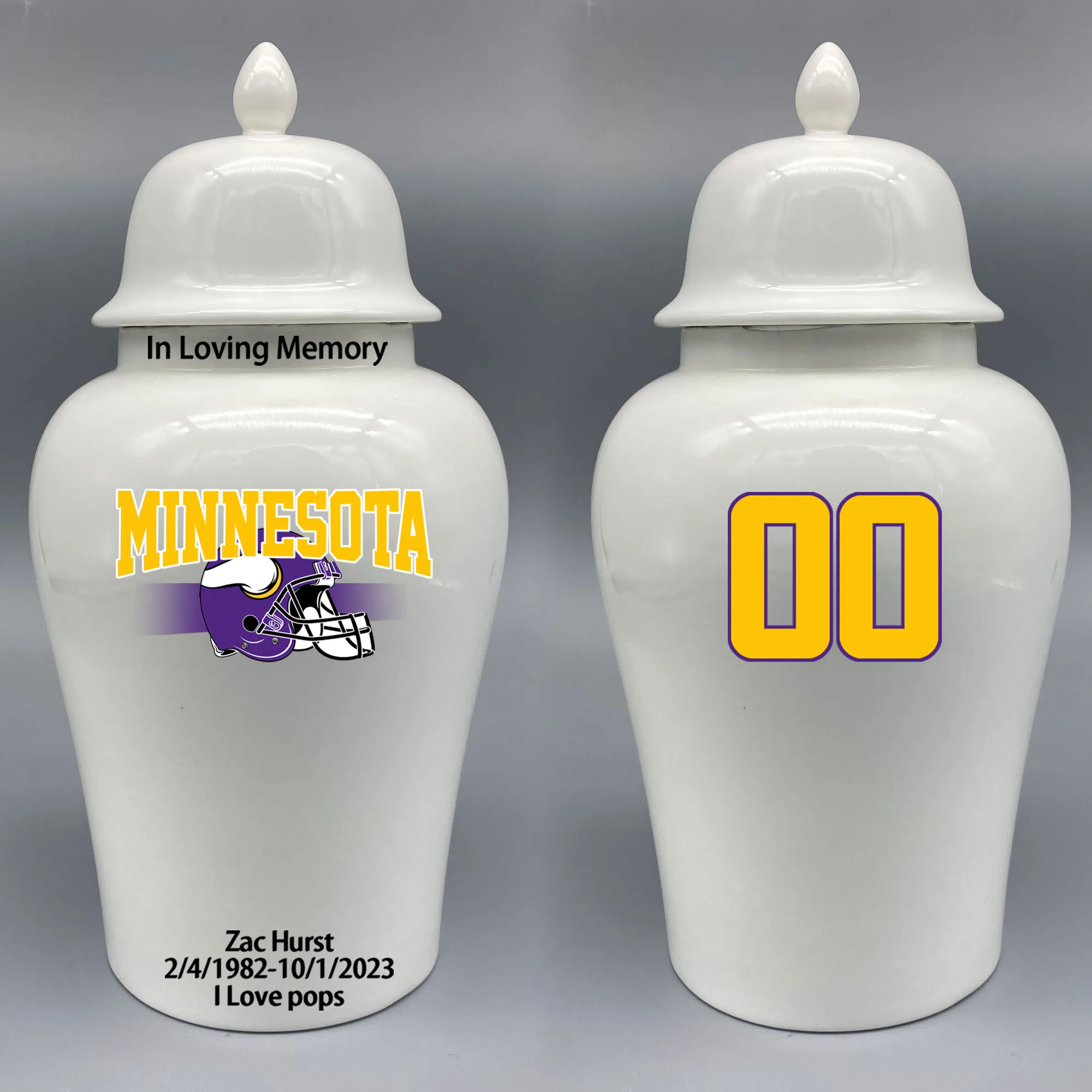 Large Urn for Minnesota Vikings-themed Logo Urn.Please send me the customize information-name/date and number on the urn
Large Urn for Minnesota Vikings-themed Logo Urn.Please send me the customize information-name/date and number on the urn