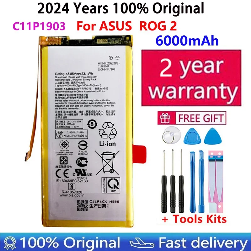 

100% Original High Capacity 6000mAh C11P1901 ZS660KL I001DB Phone Battery For ASUS ROG 2 Game Phone Batteries Bateria +Tools