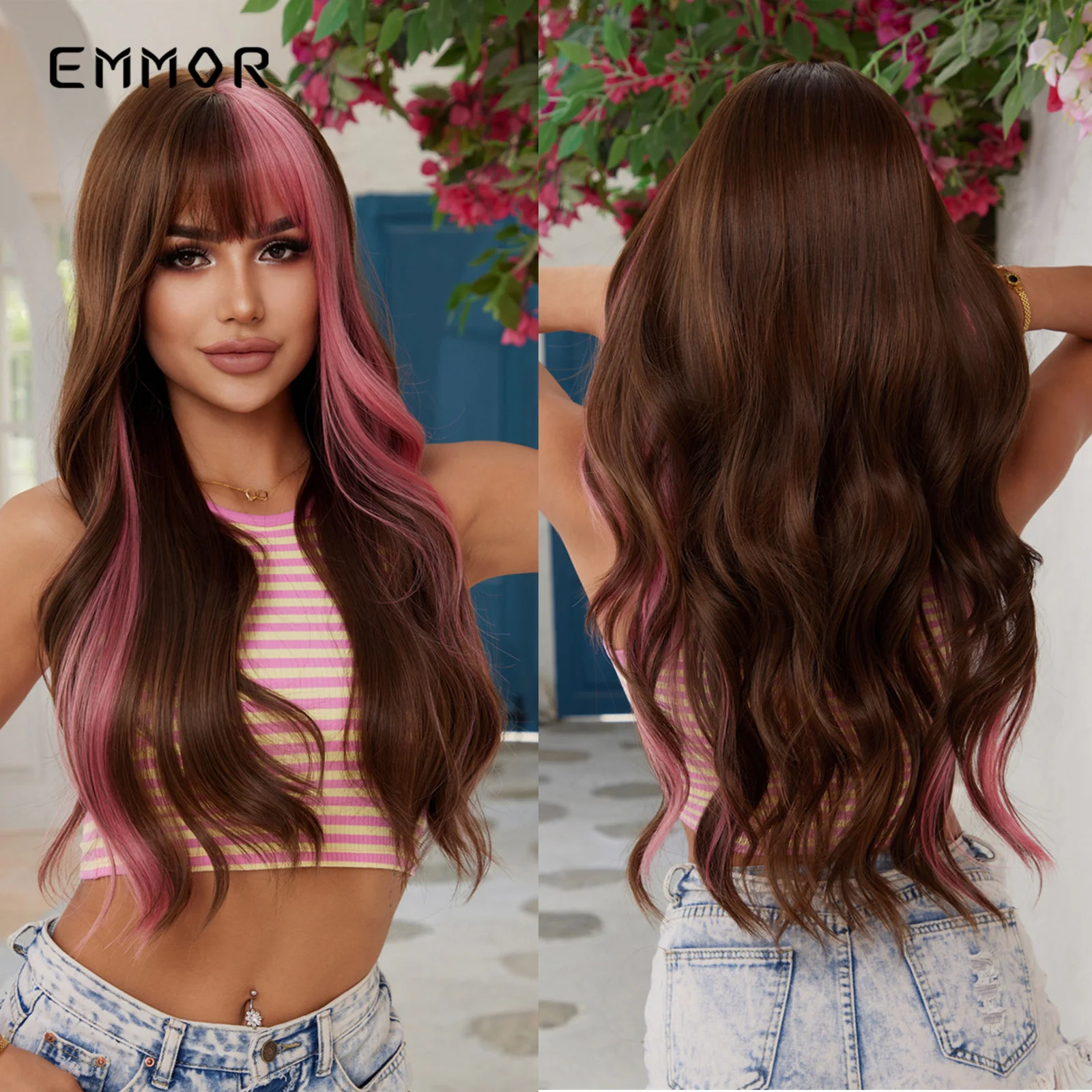 

Emmor Youthful Synthetic Wig Long Wavy Curly Ombre Blonde Mixed Pink Wigs for Women Heat Resistant Party Daily Hair Bang Natural