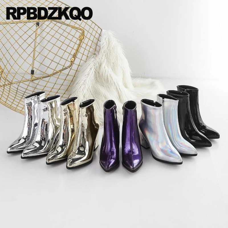 

Holographic Small Size Chunky Patent Leather Zip Shoes Booties Boots Pumps Metallic High Heels Women Mirror 43 Pointy Toe 33 Big