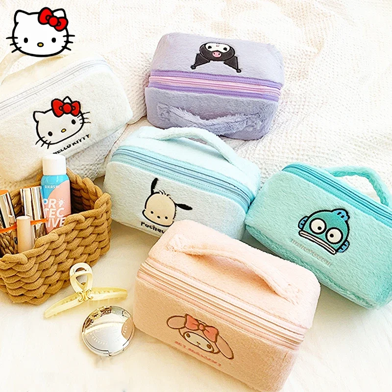 

Kawaii Sanrio Hello Kitty Cosmetic Bag MyMelody Kuromi Cartoon Winter Plush Beauty Storage Bag Girl Travel Portable Toiletry Bag