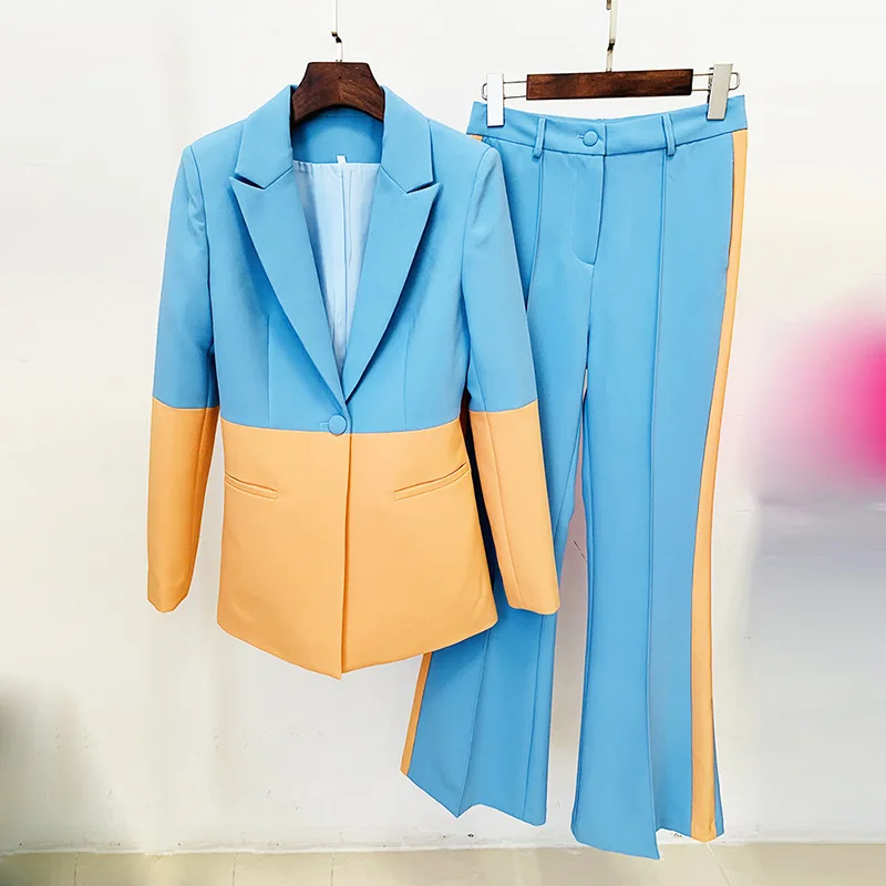 Blazers Pants Suit High Street Women Single Button Patchwork Color Tuxedo Flare Pants Two Piece Set Spring Autumn Slim Fit Lapel
Blazers Pants Suit High Street Women Single Button Patchwork Color Tuxedo Flare Pants Two Piece Set Spring Autumn Slim Fit Lapel
