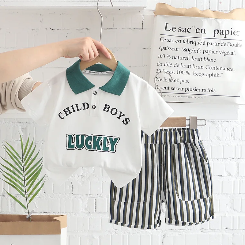 

Kids Summer Sets 2024 New Korean Fashion Turn Down Collar Letter Stripes Short Sleeve T-shirts and Shorts Boys Boutique Clothing