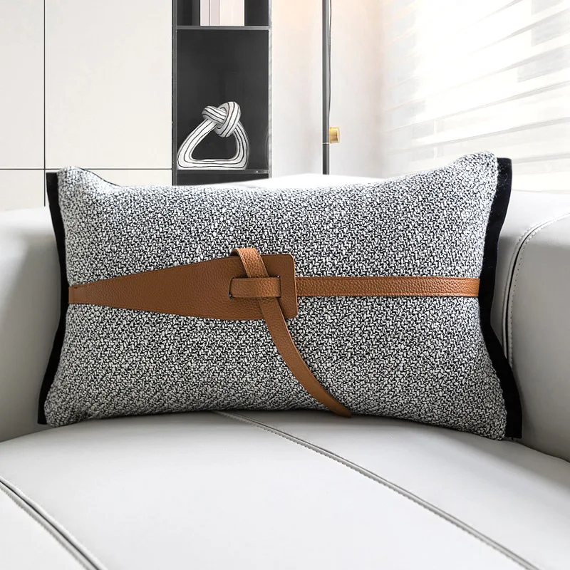 

Croker Horse 30x50cm Throw Lumbar Pillow Cushion Cover Cotton Linen Fabric With Orange Leather Belt Designer Style Waist Pillow