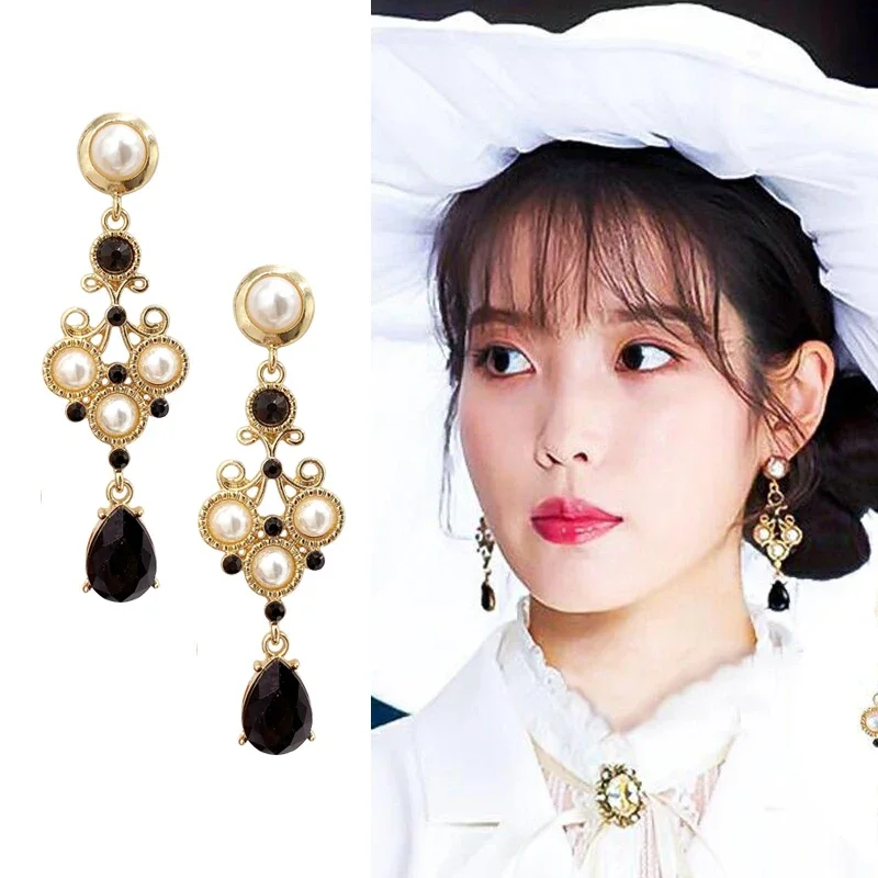 

Korean Style temperament Imitation Pearls Black Water Drop Crystal Royal Baroque Clip on Earrings Non Pierced Ears For Women