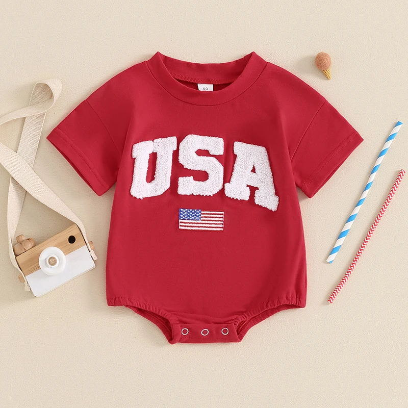 

4th of July Baby T-shirt Romper Summer Embroidered USA Letter Flag O-Neck Short Sleeve Newborn Bodysuit