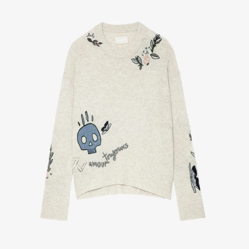 

Zadig Cashmere Jumper Women Vintage Khaki Sweaters Fashion Skull Floral Embroidery Pullovers Tops Crew Neck Long Sleeve Sweater
