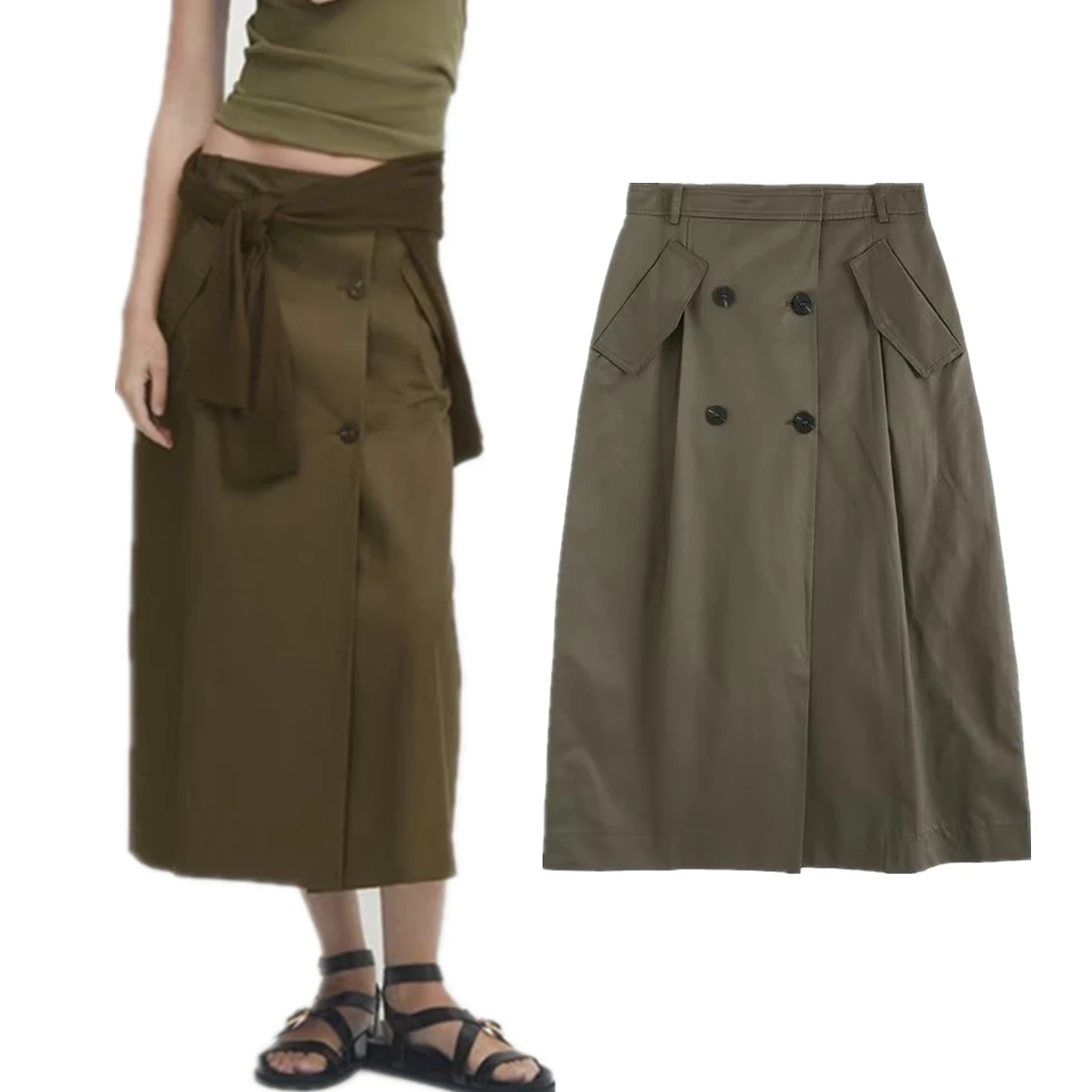 

Jenny&Dave Army Green Retro Casual Commute Midi Skirt Women British Fashion Ladies Double-Breasted High-Waisted A-line Skirt