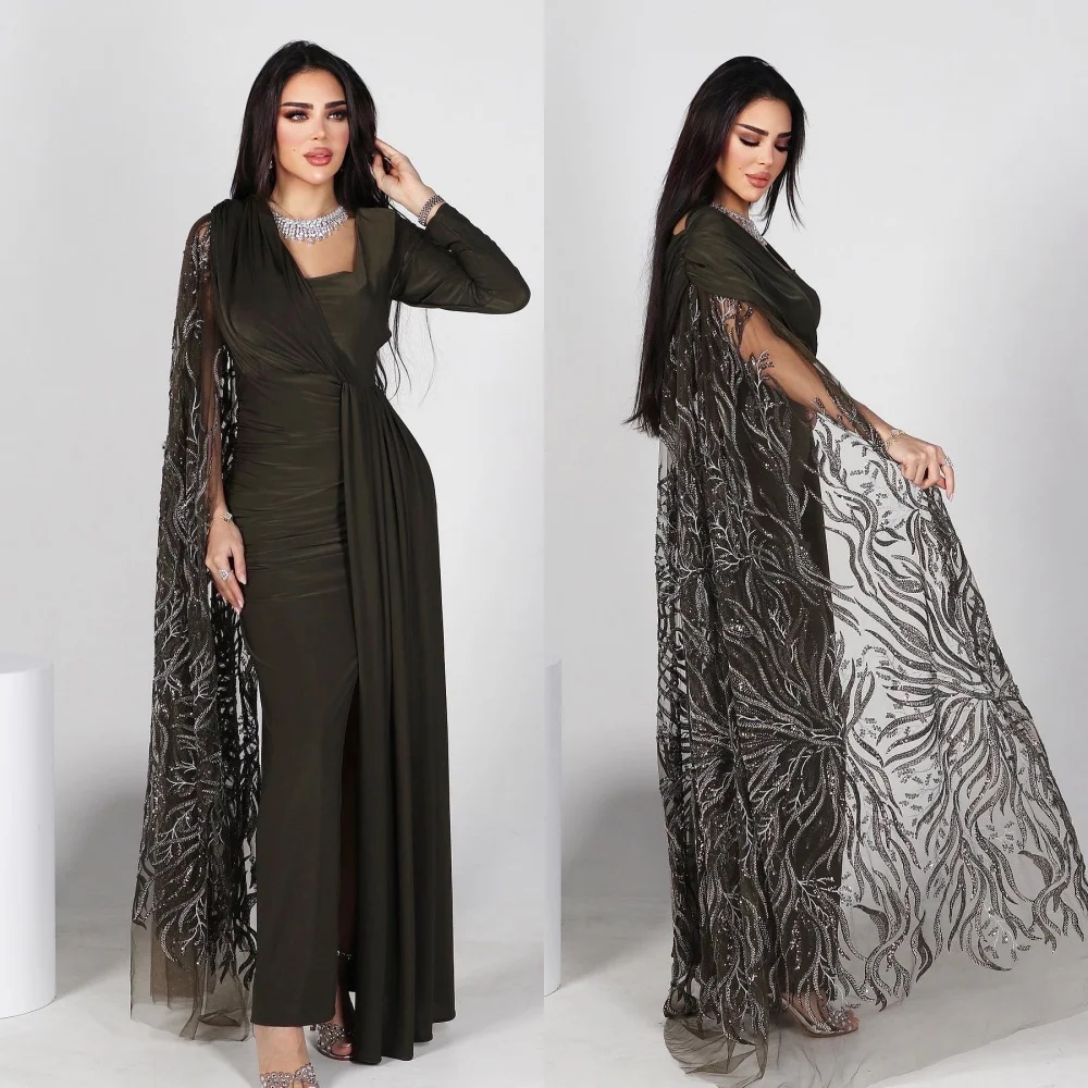 

Prom Dress Evening Saudi Arabia Jersey Sequined Beading Ruched Clubbing A-line Square Neck Bespoke Occasion Gown Midi Dresses