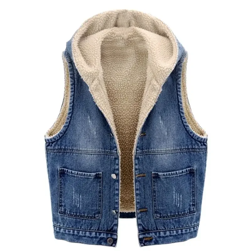 

Winter Women Lamb Wool Thicken Cowboy Vests Hooded Fashion Vintage Korean Loose Jacket Female Warm Sleeveless Short Coat LJ54