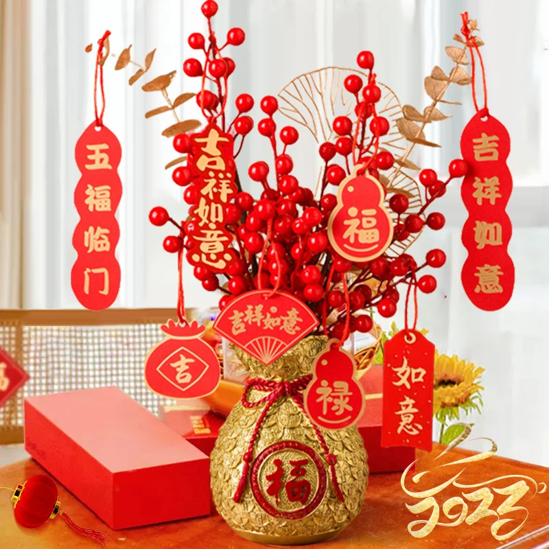Chinese New Year Artificial Red Fortune Fruit Golden Eucalyptus Leaf Spring Pendant Ornament for Wedding Home Flower Arrangement
Chinese New Year Artificial Red Fortune Fruit Golden Eucalyptus Leaf Spring Pendant Ornament for Wedding Home Flower Arrangement